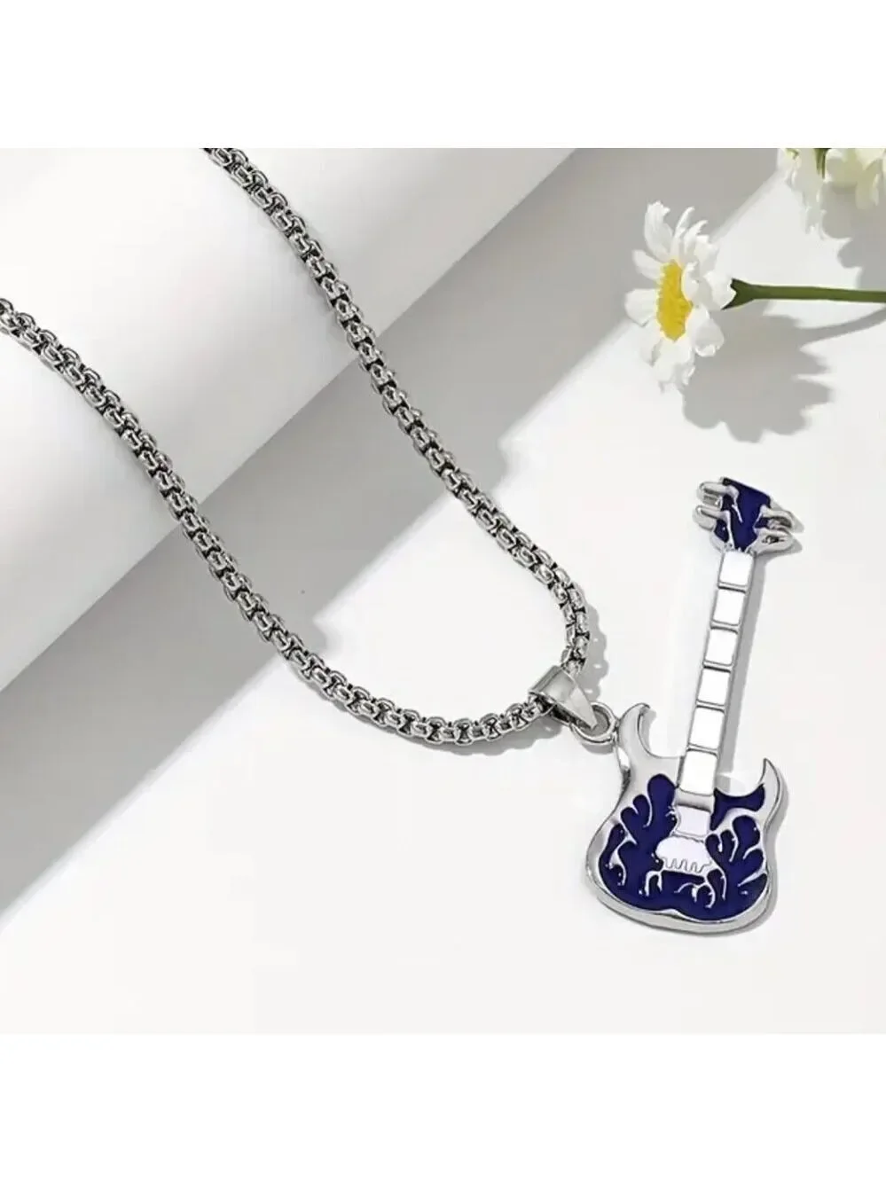 Royal Blue Flaming Guitar with White Neck Rocker Necklace and Pendant 1559